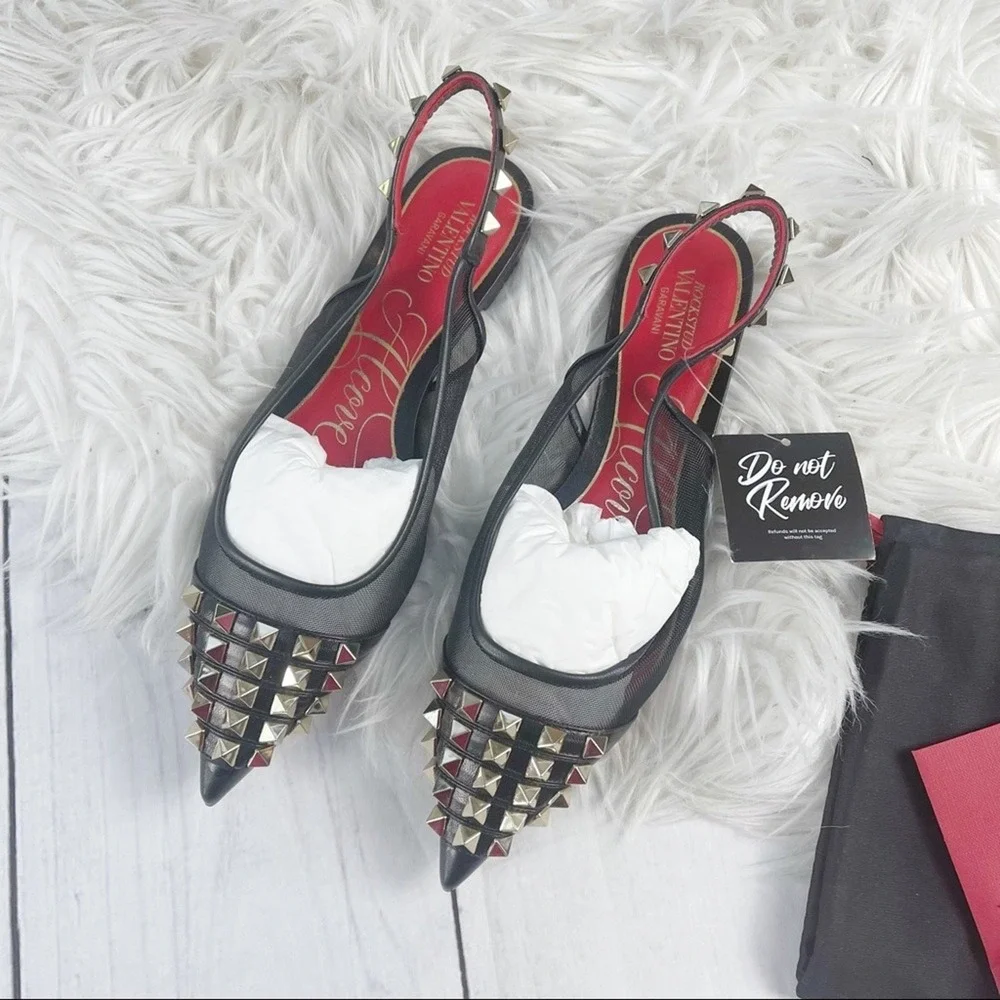 Valentino‎ Garavani Alcove Rockstud Black Mesh Slingback Pointed Flats EU 36 NIB